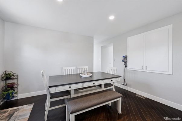 Dining room, Interior, Recessed Lighting, Wood Texture Flooring