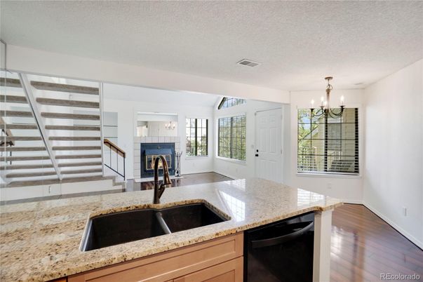 Chandelier, Fireplace, Interior, Kitchen, Wood Texture Flooring