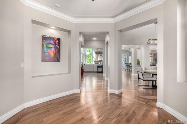Dining room, Interior, Pendant Lights, Recessed Lighting, Wood Texture Flooring