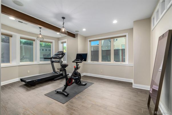 Fitness Equipment, Interior, Pendant Lights, Recessed Lighting, Wooden Beams, Wood Texture Flooring