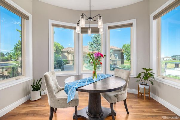 Dining room, Interior, Pendant Lights, Wood Texture Flooring