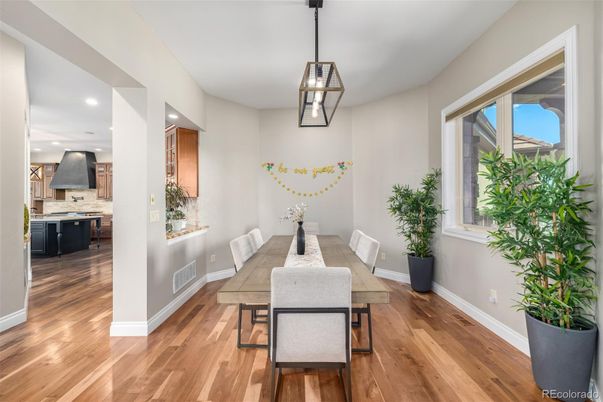 Dining room, Interior, Kitchen, Pendant Lights, Recessed Lighting, Wood Texture Flooring