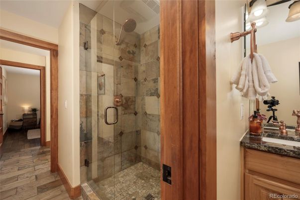 Bathroom, Glass Shower, Interior, Wood Texture Flooring
