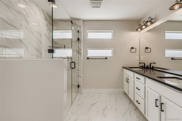 Bathroom, Dual Sink Vanities, Glass Shower, Interior, Marble, Marble Walls