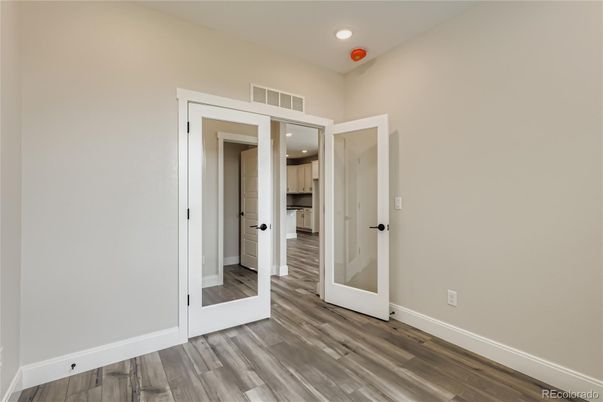 Empty room, Interior, Kitchen, Recessed Lighting, Wood Texture Flooring