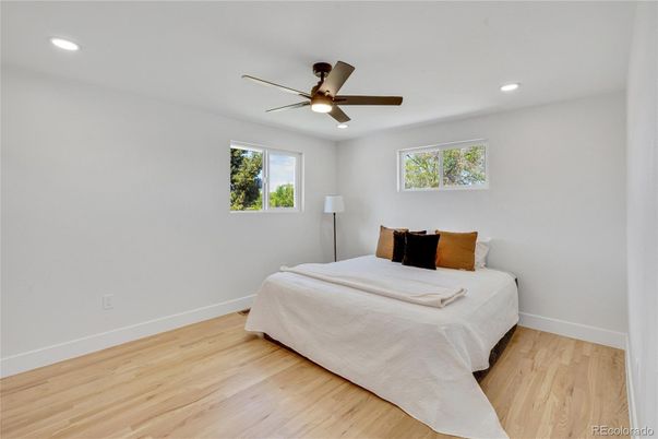 Bedroom, Interior, Recessed Lighting, Wood Texture Flooring