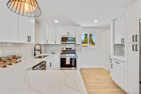 Interior, Kitchen, Recessed Lighting, Stainless Steel Appliances, Wood Texture Flooring
