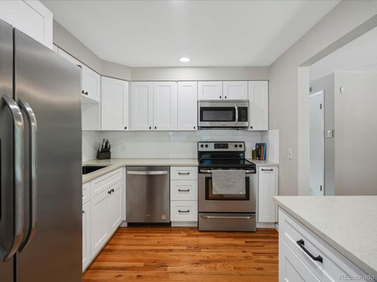 Interior, Kitchen, Recessed Lighting, Stainless Steel Appliances, Wood Texture Flooring
