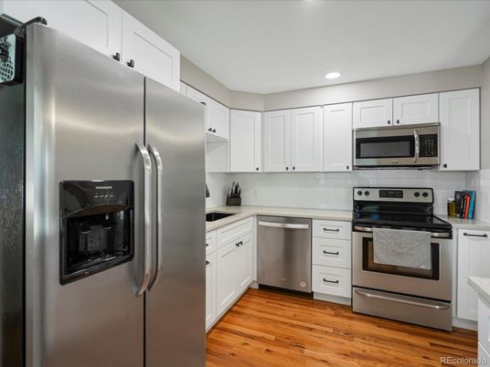 Interior, Kitchen, Recessed Lighting, Stainless Steel Appliances, Wood Texture Flooring