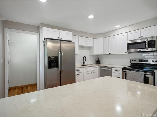 Interior, Kitchen, Recessed Lighting, Stainless Steel Appliances, Wood Texture Flooring