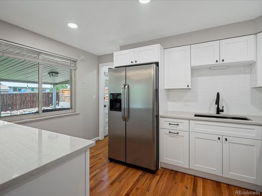 Interior, Kitchen, Recessed Lighting, Stainless Steel Appliances, Wood Texture Flooring