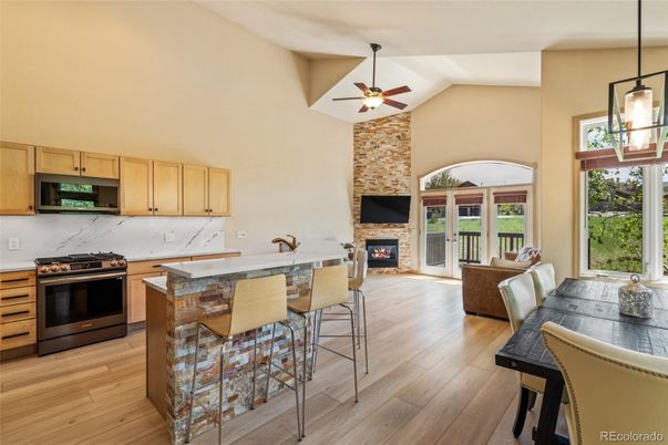 Fireplace, Interior, Kitchen, Pendant Lights, Stone Walls, Wood Texture Flooring