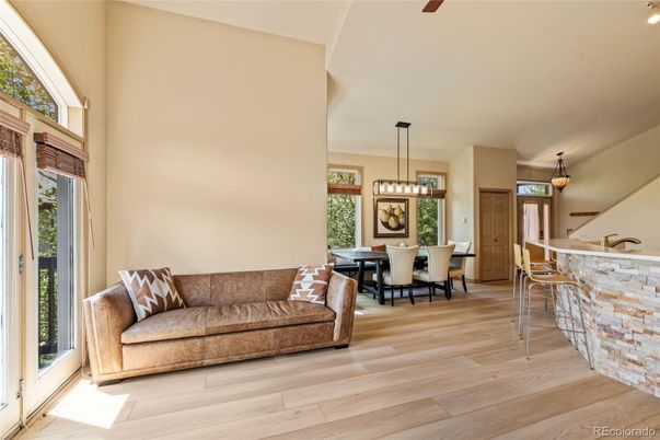 Dining room, Interior, Pendant Lights, Wood Texture Flooring