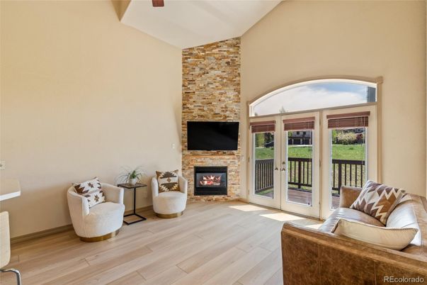 Fireplace, Interior, Living room, Stone Walls, Wood Texture Flooring