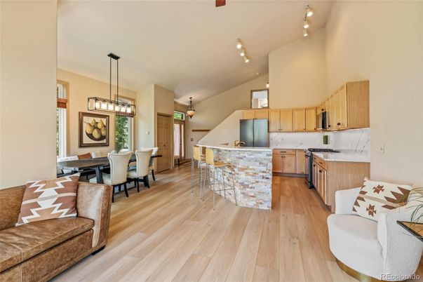 Dining room, Interior, Kitchen, Pendant Lights, Wood Texture Flooring