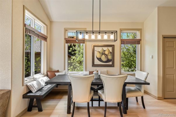 Dining room, Interior, Pendant Lights, Wood Texture Flooring