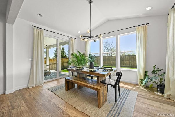 Dining room, Interior, Pendant Lights, Recessed Lighting, Wood Texture Flooring