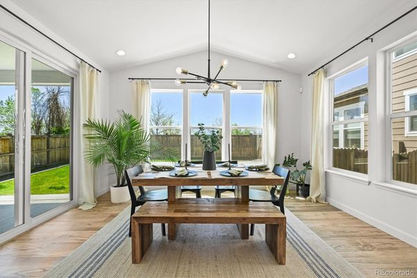 Dining room, Interior, Pendant Lights, Recessed Lighting, Wood Texture Flooring