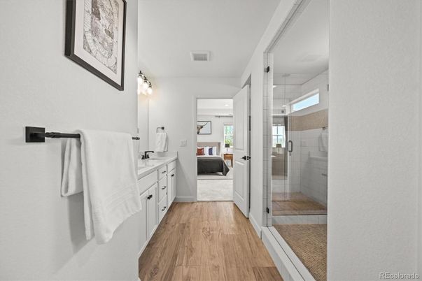 Bathroom, Glass Shower, Interior, Wood Texture Flooring