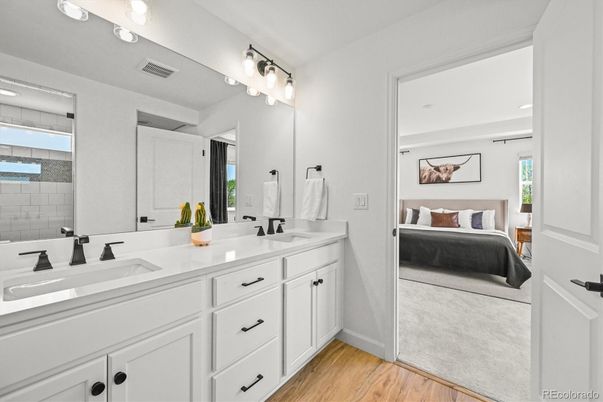 Bathroom, Bedroom, Dual Sink Vanities, Interior, Wood Texture Flooring