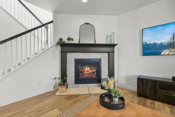 Fireplace, Interior, Recessed Lighting, Wood Texture Flooring