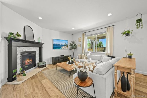 Fireplace, Interior, Living room, Recessed Lighting, Wood Texture Flooring