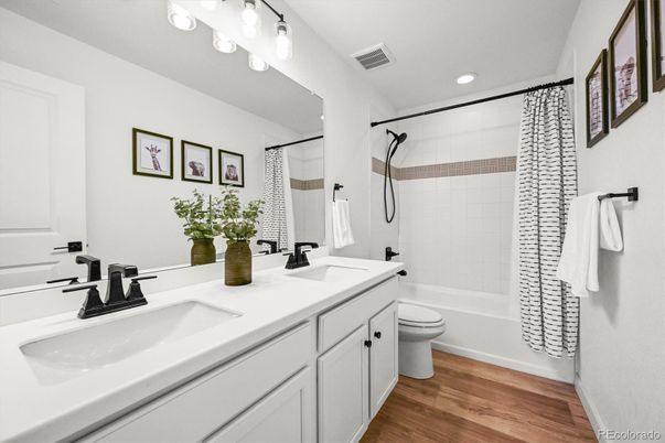 Bathroom, Dual Sink Vanities, Interior, Recessed Lighting, Wood Texture Flooring