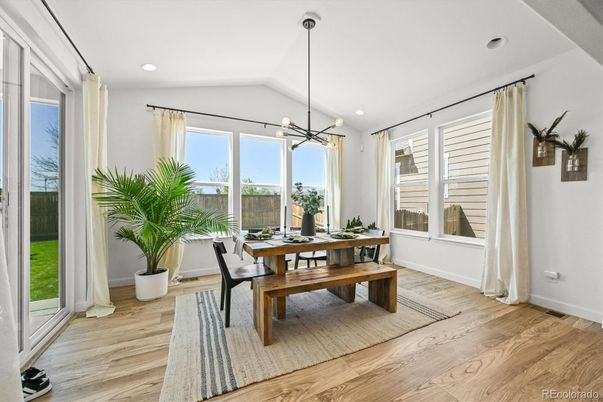 Dining room, Interior, Pendant Lights, Recessed Lighting, Wood Texture Flooring