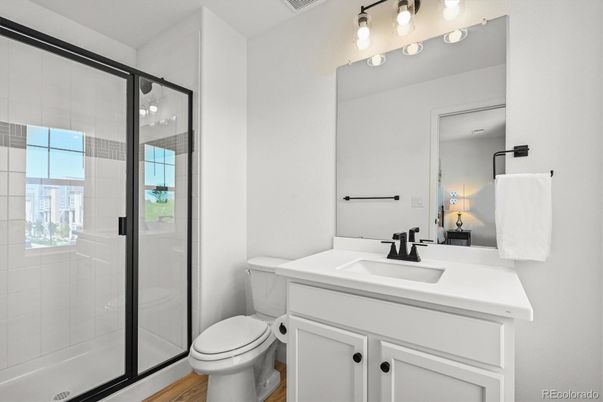 Bathroom, Glass Shower, Interior, Wood Texture Flooring