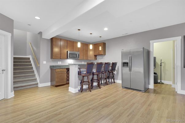 Interior, Kitchen, Pendant Lights, Recessed Lighting, Stainless Steel Appliances, Wood Texture Flooring