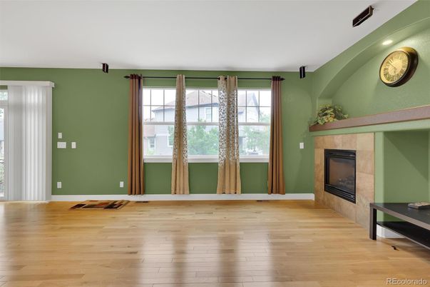 Empty room, Fireplace, Interior, Recessed Lighting, Wood Texture Flooring