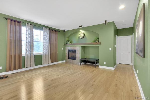 Empty room, Fireplace, Interior, Recessed Lighting, Wood Texture Flooring
