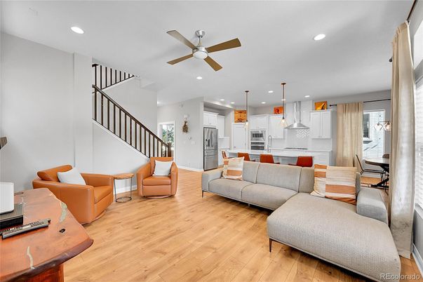 Interior, Kitchen, Living room, Pendant Lights, Recessed Lighting, Stainless Steel Appliances, Wood Texture Flooring