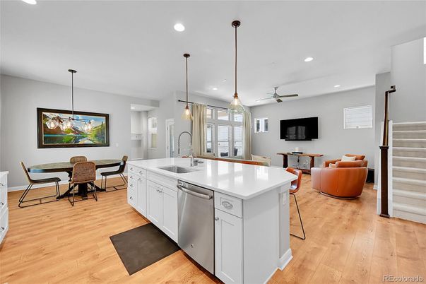 Dining room, Interior, Kitchen, Living room, Pendant Lights, Recessed Lighting, Wood Texture Flooring