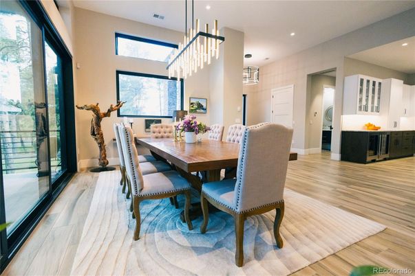 Dining room, Interior, Pendant Lights, Recessed Lighting, Wood Texture Flooring