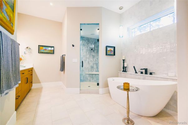 Bathroom, Free Standing Baths, Glass Shower, Interior, Recessed Lighting