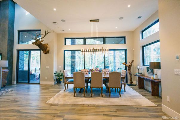 Chandelier, Dining room, Interior, Pendant Lights, Recessed Lighting, Wood Texture Flooring