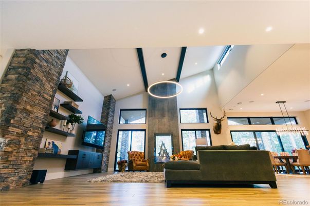 Dining room, Interior, Living room, Pendant Lights, Recessed Lighting, Wood Texture Flooring