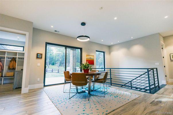 Dining room, Interior, Pendant Lights, Recessed Lighting, Wood Texture Flooring