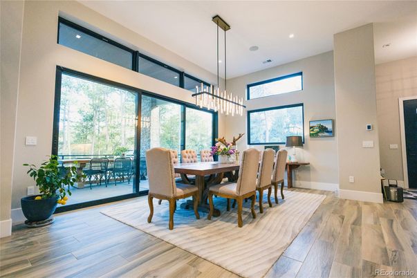 Chandelier, Dining room, Interior, Pendant Lights, Recessed Lighting, Wood Texture Flooring