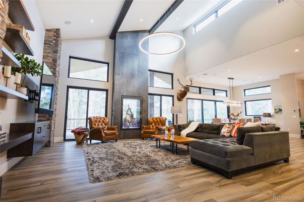 Dining room, Interior, Living room, Pendant Lights, Recessed Lighting, Wood Texture Flooring
