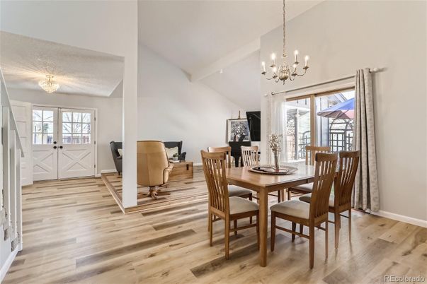 Chandelier, Dining room, Interior, Wood Texture Flooring