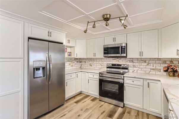 Interior, Kitchen, Stainless Steel Appliances, Wood Texture Flooring
