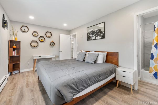 Bedroom, Interior, Recessed Lighting, Wood Texture Flooring