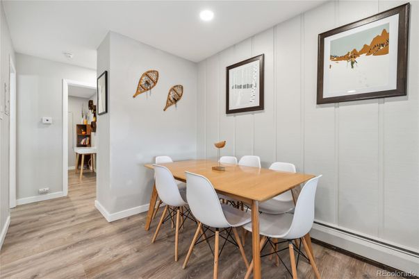 Dining room, Interior, Recessed Lighting, Wood Texture Flooring