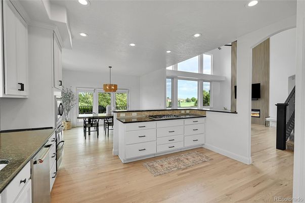 Dining room, Interior, Kitchen, Pendant Lights, Recessed Lighting, Wood Texture Flooring