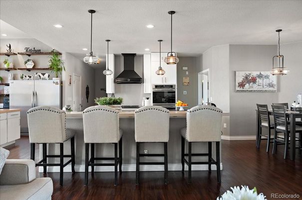 Dining room, Interior, Kitchen, Pendant Lights, Recessed Lighting, Wood Texture Flooring