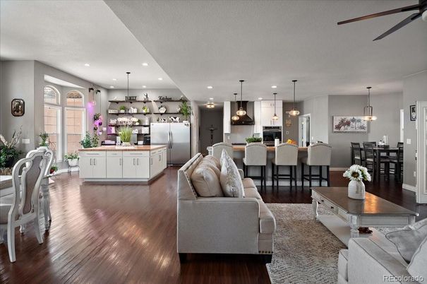 Dining room, Interior, Kitchen, Living room, Pendant Lights, Recessed Lighting, Stainless Steel Appliances, Wood Texture Flooring