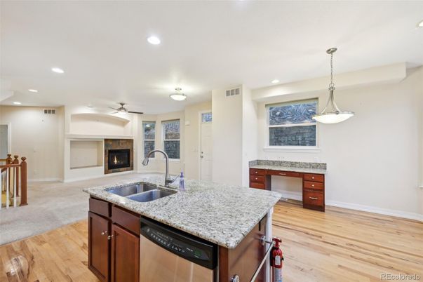 Fireplace, Interior, Kitchen, Pendant Lights, Recessed Lighting, Wood Texture Flooring
