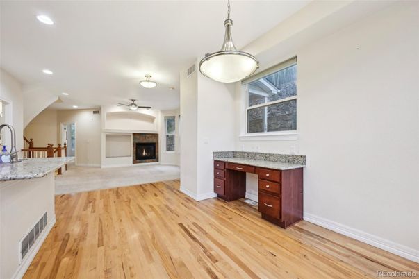 Fireplace, Interior, Pendant Lights, Recessed Lighting, Wood Texture Flooring